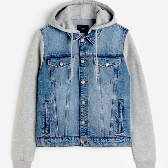 H&M Other - H&M Mens Medium Gray Hooded Jean Jacket Blue Button Up Denim Pockets 90’s